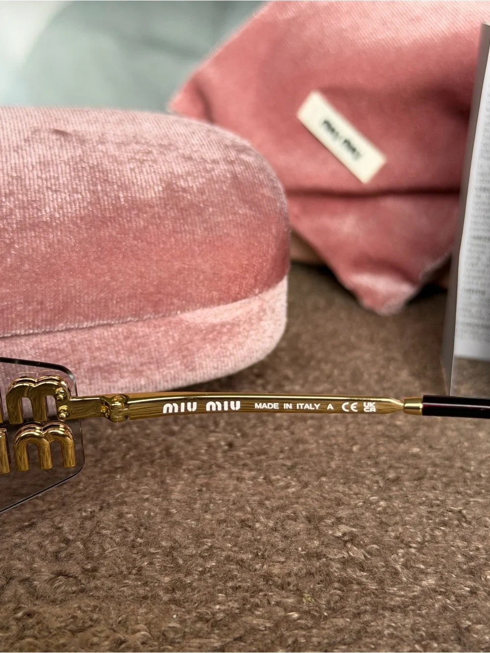 Miu Miu Gold Rim Shield Sunglasses with Pink Velvet Case